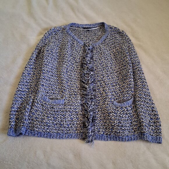Tommy Hilfiger Women's Size Small Blue White Knit Fringe Open Preppy Cardigan - Picture 4 of 13